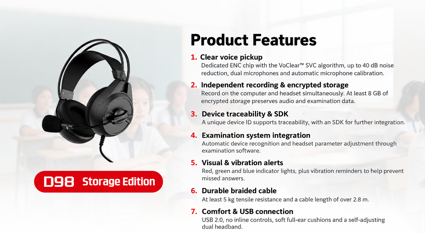D98 Storage Edition — seven product features in English: ENC voice pickup, encrypted recording, device traceability, examination integration, alerts, braided cable and USB comfort design