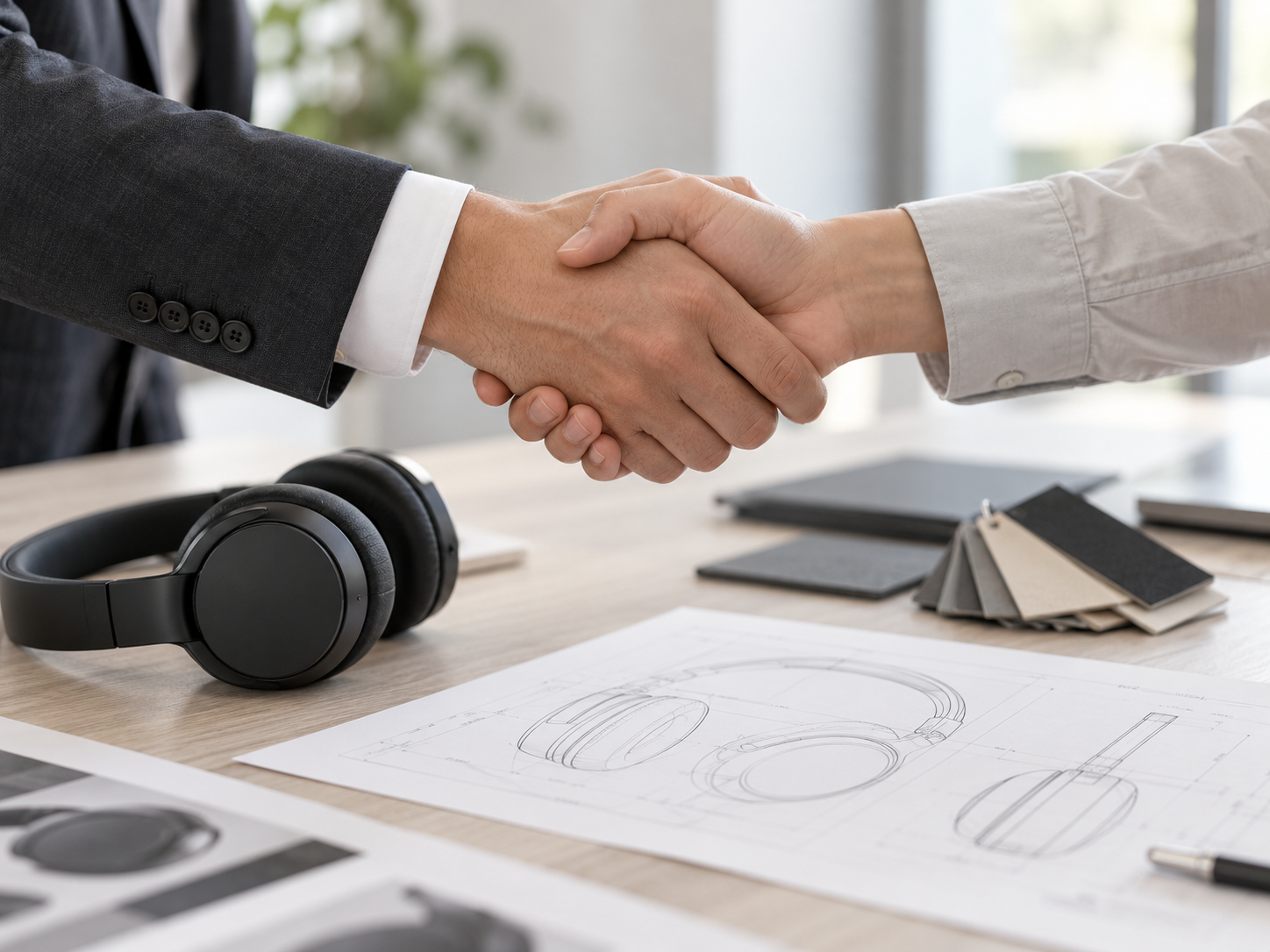 Partnership concept: a handshake over headphone designs and material samples